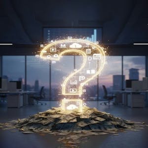 Question mark over a pile of cash - used in the LinkedIn Live article by Kevin Kieller: The $100 Billion Blind Spot: Why Most Organizations Waste Money on Microsoft Licenses
