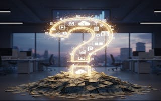 Question mark over a pile of cash - used in the LinkedIn Live article by Kevin Kieller: The $100 Billion Blind Spot: Why Most Organizations Waste Money on Microsoft Licenses