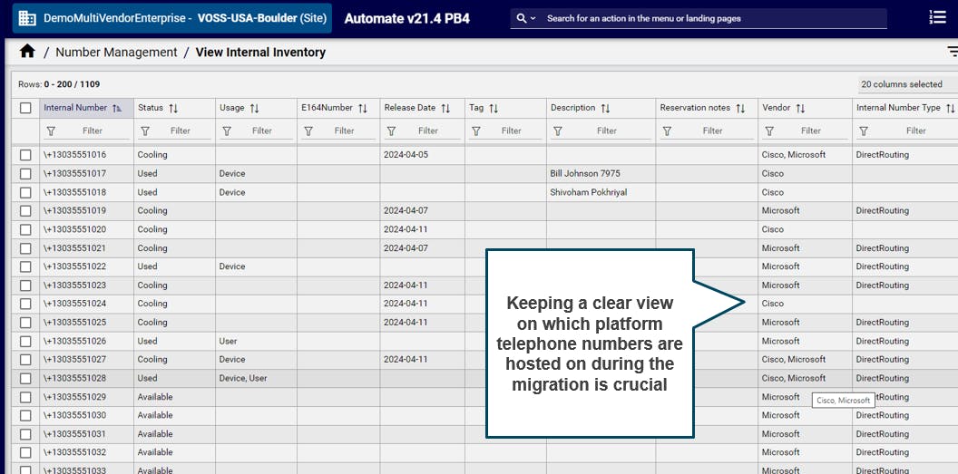 VOSS tracks telephony number inventory, what’s available and what’s used, who telephone numbers are allocated to, and what vendor system they reside on. 