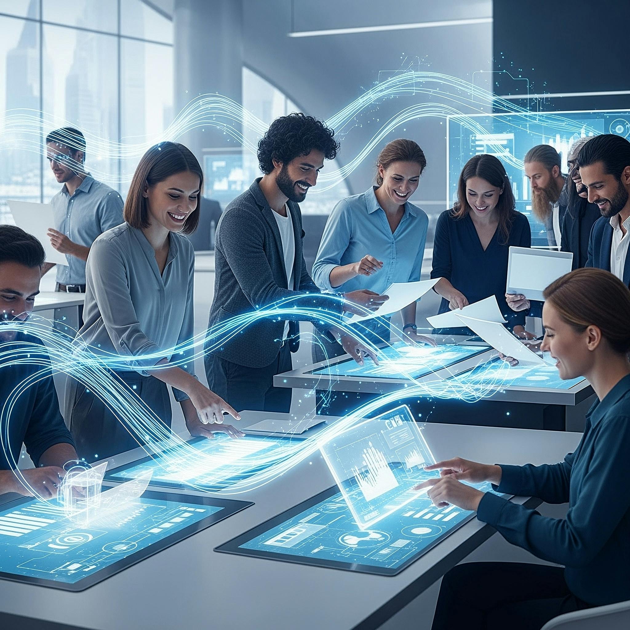 AI data becomes a commodity blog - image of office workers and the invisible data stream that flows between them.
