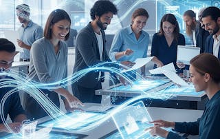 AI data becomes a commodity blog - image of office workers and the invisible data stream that flows between them.