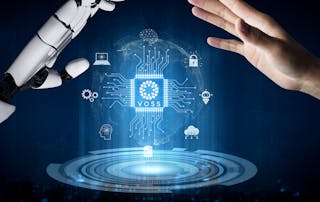 Blog image of robot hand and human hand nearly touching over the VOSS logo - used in AI with purpose: Advancing the VOSS platform in 25.3 and beyond blog
