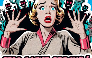 Stop AI agent sprawl image with multiple robots behind scared woman with arms up