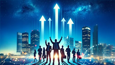 Boost business performance with VOSS solutions - Image showing successful business people silhouetted with arrows pointing to the sky