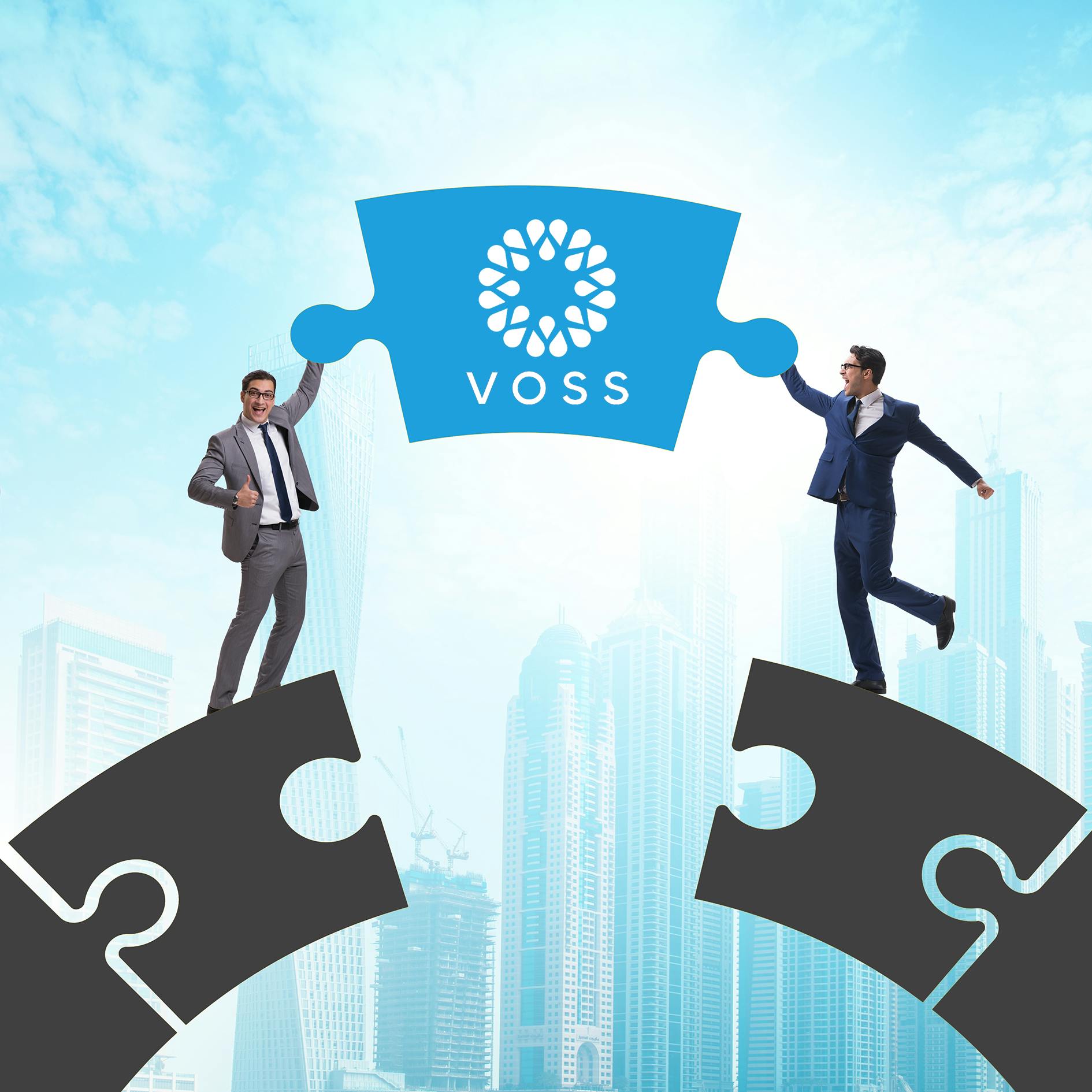 Image from License Assigned to License Activated: Bridging the Digital Consumption Gap blog - shows 2 business men on a bridge made of puzzle pieces with a gap and the VOSS puzzle piece fills the void