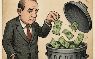 Cartoon showing business man throwing money in the bin - used in Unlocking business value through smarter Microsoft licensing VOSS blog