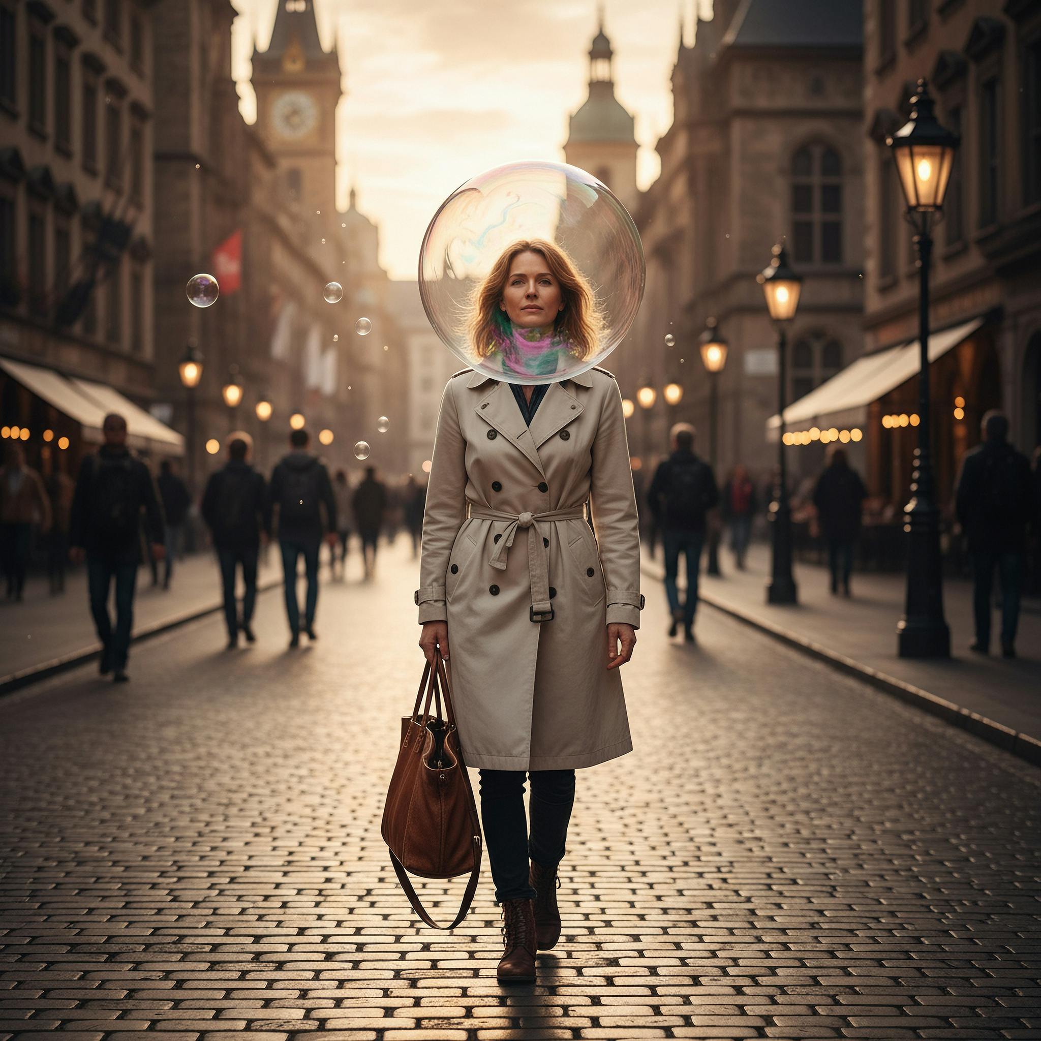 A Caucasian woman about 40 years old walks through the streets of a big European city illuminated by the light of a late afternoon. A soap bubble encompasses his head.