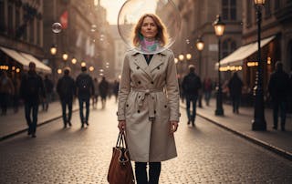 A Caucasian woman about 40 years old walks through the streets of a big European city illuminated by the light of a late afternoon. A soap bubble encompasses his head.