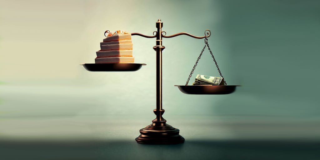 Scales weighing cake and money for blog by Kevin Kieller - Succeeding by Managing the Everyday