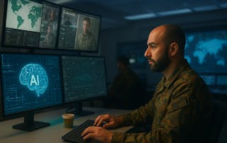 Soldier in front of multiple screens showing communications, AI and strategic maps. Image used for Digital transformation in defence blog with Key takeaways from DSEI 2025