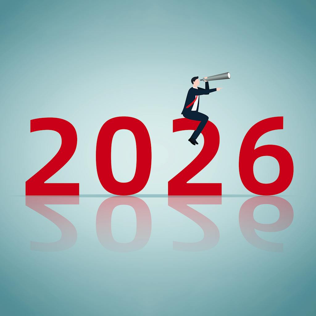 What digital workplace leaders must prepare for in 2026 - VOSS blog. Illustration of business man with telescope sitting on 2026.