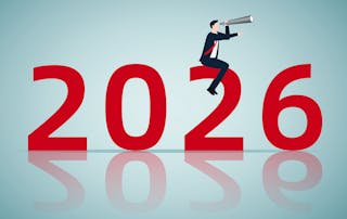 What digital workplace leaders must prepare for in 2026 - VOSS blog. Illustration of business man with telescope sitting on 2026.