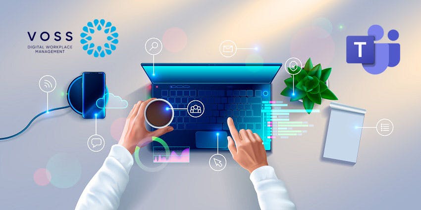 Image of businessman's arms on laptop with wireless charging of phone forUC Today article: Digital Workplace Management: Delivering Top Notch Performance on Microsoft Teams
