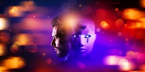 the critical need for merging UCaaS and CCaaS management, allowing AI to handle simple tasks while humans tackle complex issues. Face of a man and robot - Image in landscape format.