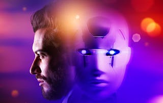the critical need for merging UCaaS and CCaaS management, allowing AI to handle simple tasks while humans tackle complex issues. Face of a man and robot - Image in square format.