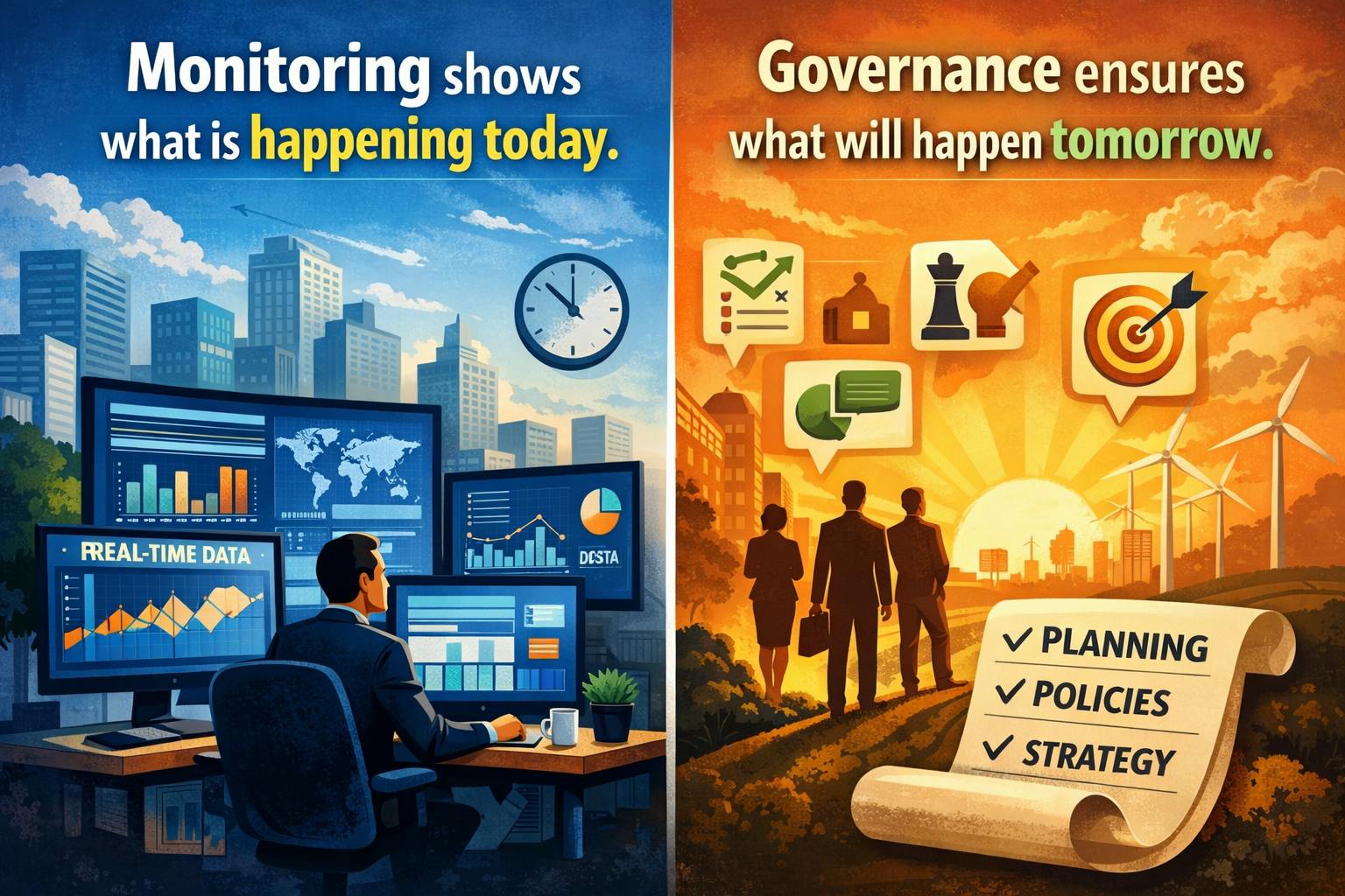 illustration with two sides. One with monitoring shows what is happening today and the other side showing Governance ensures what will happen tomorrow