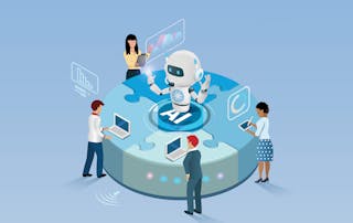 VOSS AI robot in center with office workers and apps surrounding it - displayed for Redefining Collaboration Spaces with AI-Powered blog Innovation blog