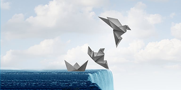 Image of a folded paper boat near waterfall edge transforming into a paper bird in flight - Transforming Enterprise Telephony blog