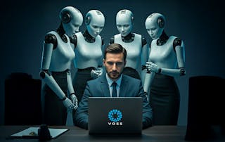 AI robots surrounding a VOSS user on a laptop and learning from him - landscape format