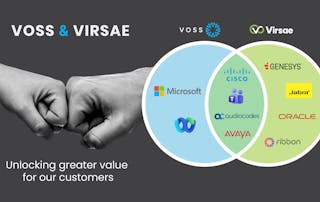 VOSS and Virsae form a partnership to unlock greater value to customers - image shows 2 fistbumps with overlapping venn diagram of collaboration apps covered by this partnership