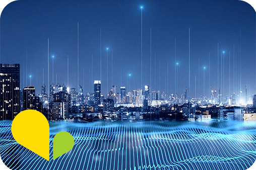 VOSS case studies - Alpine Health Technologies uses VOSS to launch new UC services. Image showing city landscape with network usage and connectivity