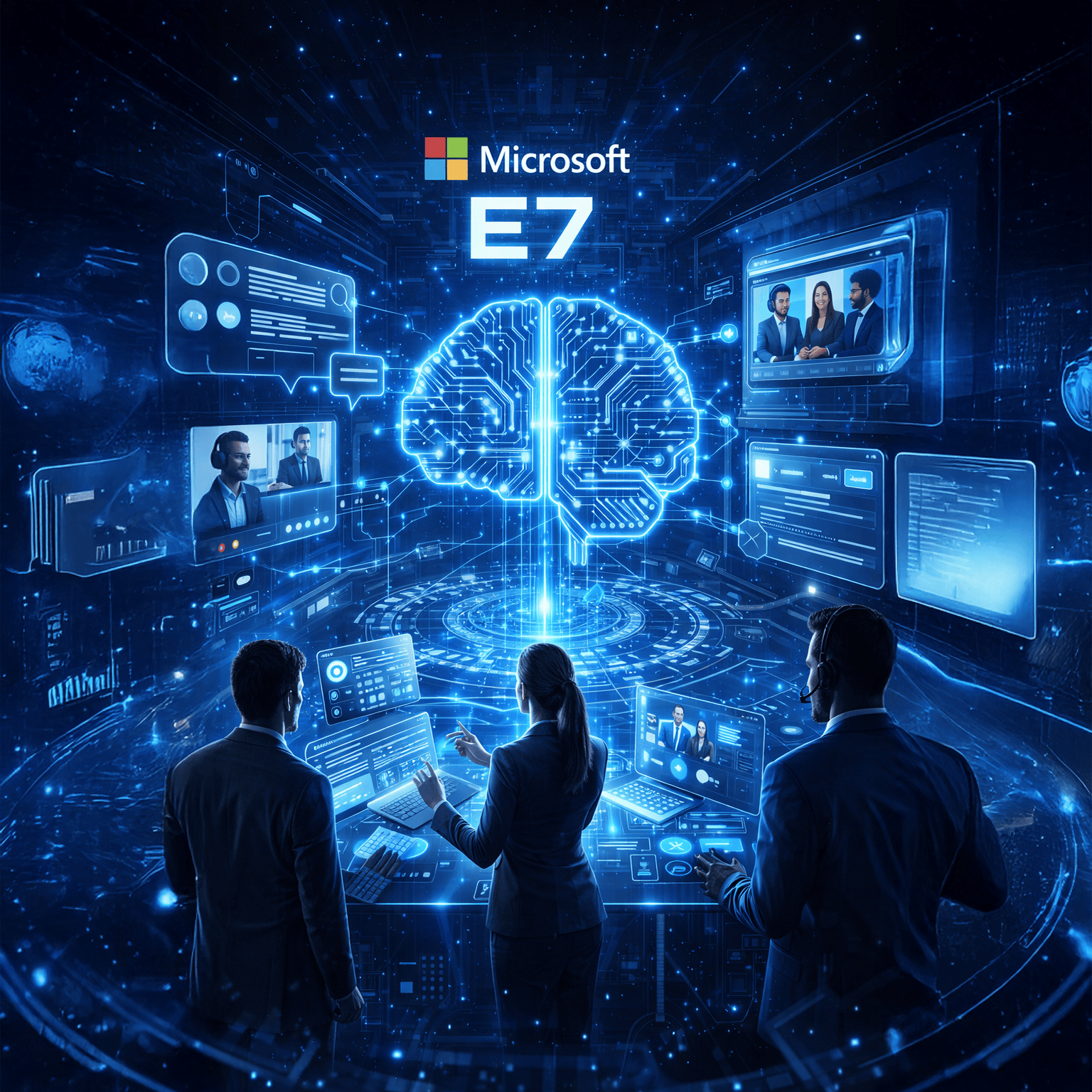 Microsoft E7: AI-powered productivity meets smarter licensing blog image- image of business people in space in a meeting