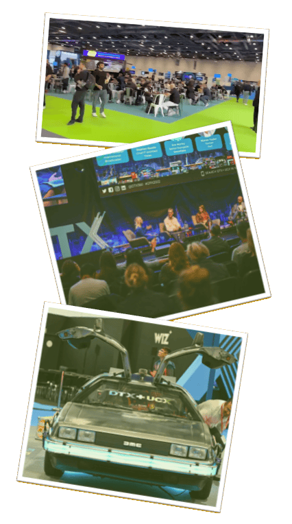 Images from UCX 2025 at ExCel - showing conference and sessions and a DeLorean with doors open