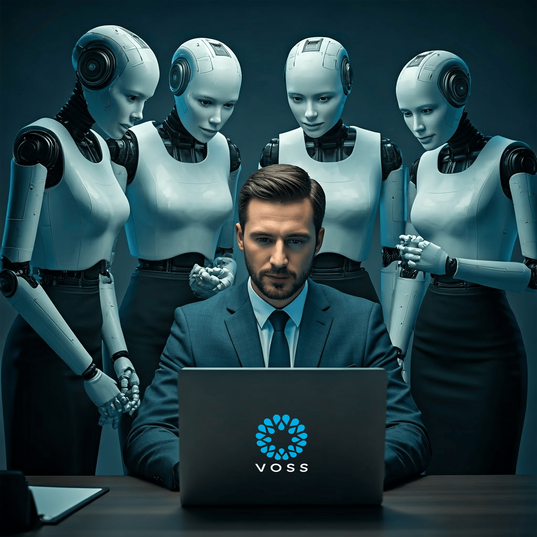 AI robots surrounding a VOSS user on a laptop and learning from him.
