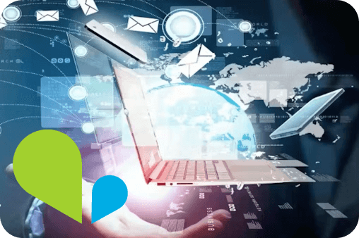 VOSS Migrate provides insights and strategies to improve your UC stack - image shows laptop with communication apps floating around