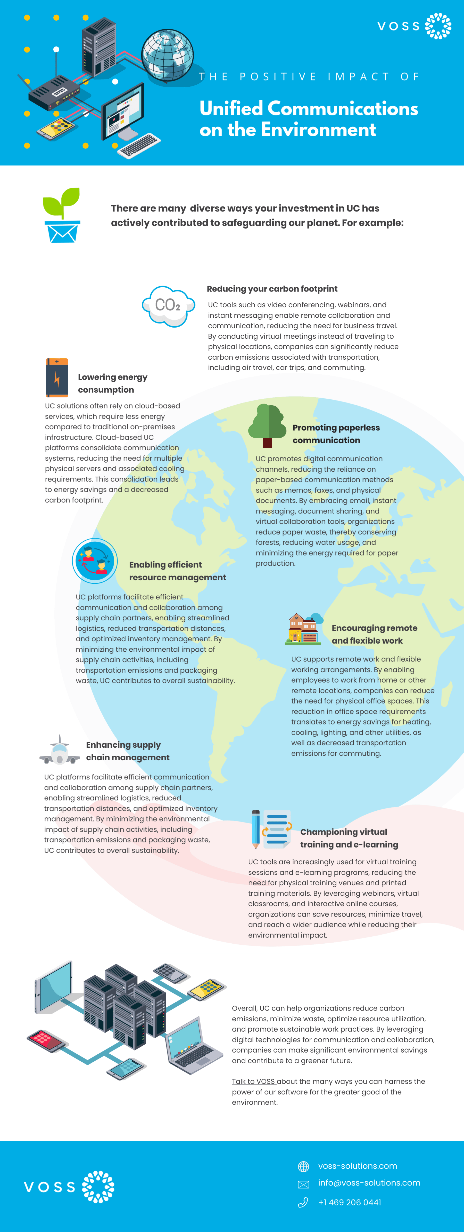 Positive impacts of UC on the environment: UC and collaboration tools such as video conferencing, webinars, and instant messaging reduce travel and your carbon footprint. UC lowers energy consumption as less energy is used compared to traditional on-premises infrastructure. UC promotes digital communication channels and paperless communication UC tools enable efficient resource management reducing unnecessary interruptions and optimizing resource utilization. UC supports remote and flexible working by enabling employees to work from home or other remote locations. UC platforms facilitate efficient communication and collaboration among supply chain partners. UC tools are increasingly used for virtual training sessions and e-learning programs, reducing the need for physical training venues and printed training materials.
