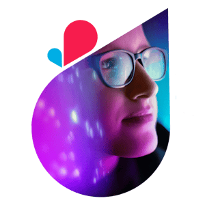 Futuristic woman in glasses within a VOSS teardrop