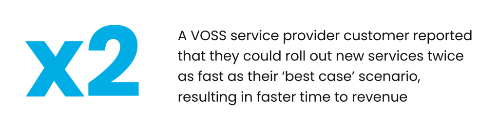 A VOSS service provider customer reported that they could roll out new services twice as fast as their ‘best case’ scenario, resulting in faster time to revenue